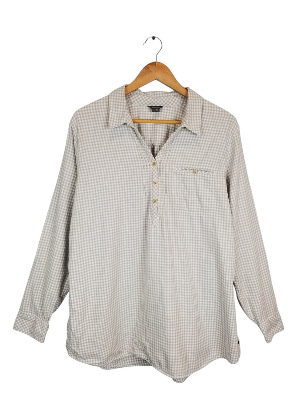 Eddie Bauer Womens Gray White Check Flannel Pintuck Popover Shirt 100% Cotton 2X